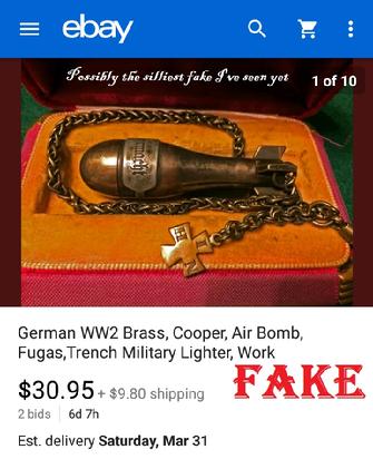 German WW2 Brass, Cooper, Air Bomb, Fugas, Trench Military Lighter, Work