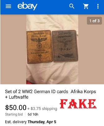 fake nazi ID, WW2 fake ID, German passbooks ww2, fake nazi sales on ebay