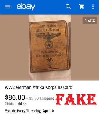 Fake Nazi ID on ebay, WW2 fakes, ebay fraud