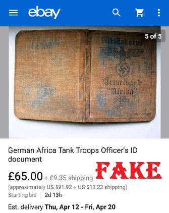 German Africa Tank Troops Officers ID document